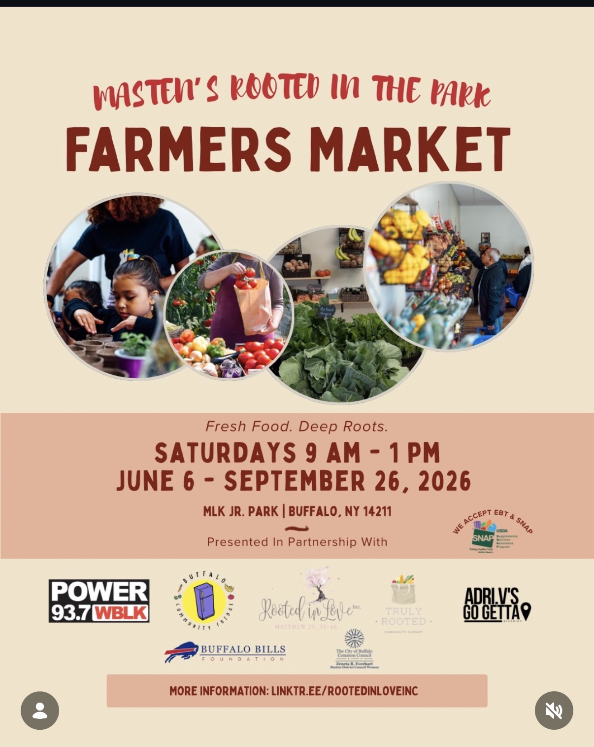 Rooted in the Park Farmers Market flyer for Saturdays at MLK Jr. Park in Buffalo